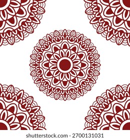 Patrón de mandala rojo y crema intrincado con un diseño floral repetitivo sobre un fondo blanco.