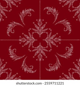 An intricate red floral pattern with symmetrical designs, featuring delicate leaves and swirls, perfect for wallpapers, fabric designs, or digital backgrounds