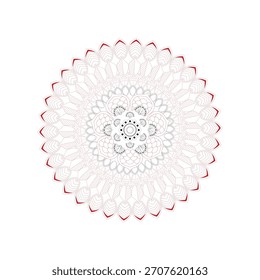 Un intrincado mandala circular rojo, gris y blanco con detallados patrones de pétalos simétricos que irradian desde el centro...