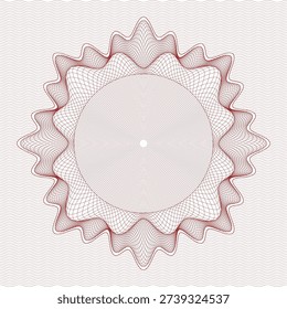 Intricate red guilloche rosette featuring a spiked radial ornament with detailed interwoven line patterns and concentric circular center. The symmetrical engraving-style design creates a refined security-inspired aesthetic, ideal for certificates, official seals, banknote layouts, luxury branding, packaging, premium stationery, and decorative backgrounds.