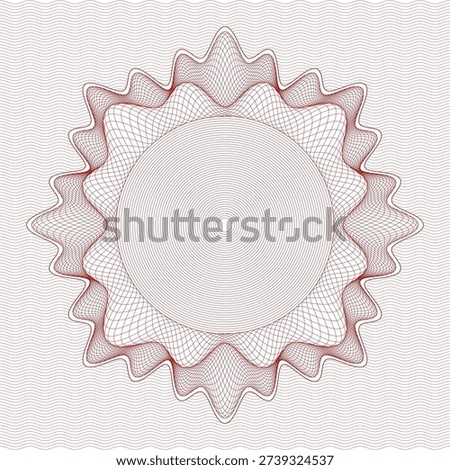 Intricate red guilloche rosette featuring a spiked radial ornament with detailed interwoven line patterns and concentric circular center. The symmetrical engraving-style design creates a refined security-inspired aesthetic, ideal for certificates, official seals, banknote layouts, luxury branding, packaging, premium stationery, and decorative backgrounds.