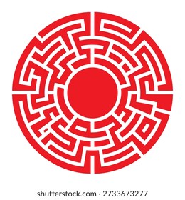 Intricate red labyrinth maze circular design pattern on white background