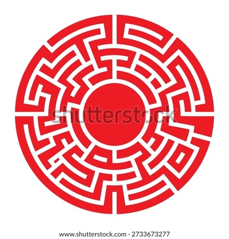 Intricate red labyrinth maze circular design pattern on white background