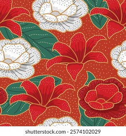 Intricate red lilies and white roses blossom seamless batik pattern on a warm terracotta background, accented with gold detailing. The design evokes a rich, rustic, and elegant mood