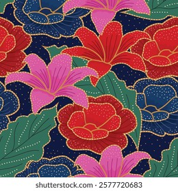 Intricate red lilies and white roses blossom seamless batik pattern on a warm terracotta background, accented with gold detailing. The design evokes a rich, rustic, and elegant mood.