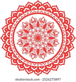 Intricate red mandala with floral and geometric patterns, featuring sharp petal shapes and detailed symmetry. Ideal for decorative or spiritual designs