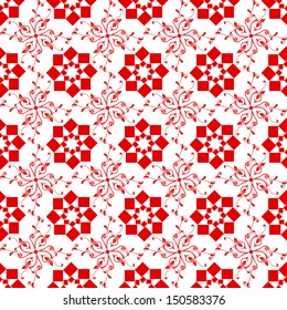 Intricate red and white geometric pattern with floral elements and squares