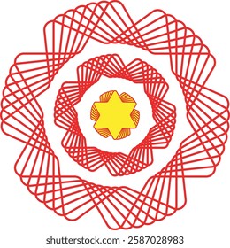  "Intricate Red and Yellow Spiral Pattern with Central Star"
- "Abstract Red Geometric Design with Yellow Star in the Center"
- "Spiraling Red Lines with Yellow Starburst Core"
- "Symmetrical Spiral D