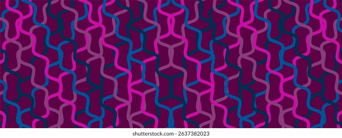 An intricate, repeating geometric pattern composed of interconnected, stylized looping or wavy lines. The dominant colors are shades of purple, magenta, and blue