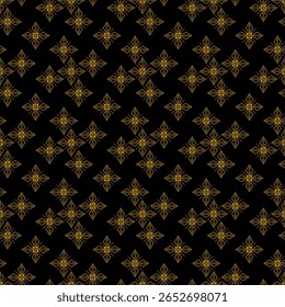 An intricate, repeating geometric pattern featuring golden leaf-like elements on a dark background, creating a tiled effect.