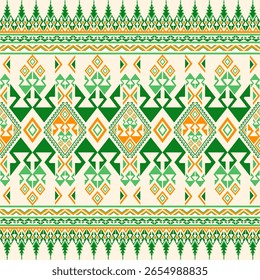 Patrón geométrico repetitivo intrincado en tonos verdes y naranjas sobre un fondo beige claro Una mezcla de triángulos de diamantes y otras Formas crean una textura visual llamativa