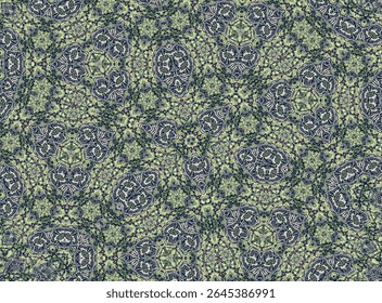 an intricate, repeating kaleidoscopic pattern with a dominant color palette of muted greens and blues, accented by darker outlines and subtle hints of purple. 