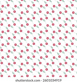 Intricate repeating pattern showcasing red flowers with green stems and leaves, arranged in a diagonal layout, ideal for designs, wallpaper, and backgrounds.
