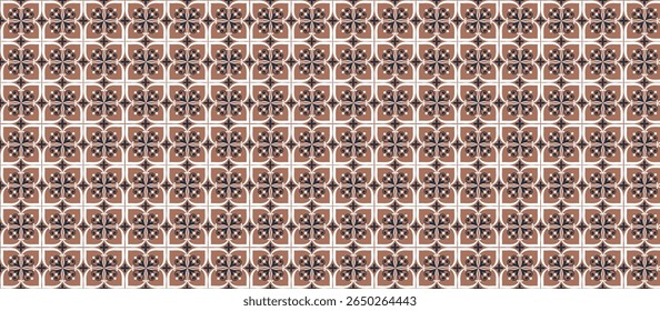 Intricate Repeating Pattern of Stylized Floral Motifs in Symmetrical Dark Accents and Terracotta Squares – Vintage-Inspired Tiled Background with Earthy Tones and Decorative Geometry for Seamless Desi