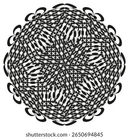 Ícone intrincado da roseta. Mandala de renda densa. Vetor monocromático em negrito. Simetria de fita torcida.