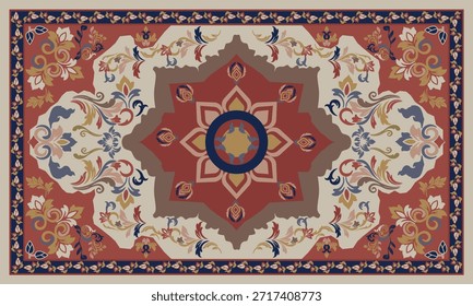 Komplizierter Teppichvektor mit einem gestuften geometrischen Zentrum in Pfirsich und Orange. Symmetrische Blumenmuster und ein klassischer Rahmen für Luxus-Wohndekoration