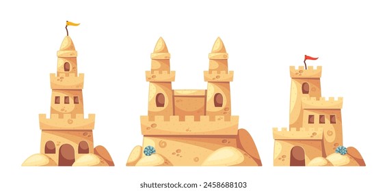 Intricate Sand Castles With Detailed Towers, Windows, And Flags. Colorful Vector Illustration of Sandcastles on Sea Side