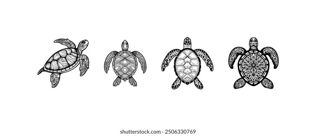 Intricate Sea Turtle Illustrations with Detailed Shell Patterns. Vector icon design.