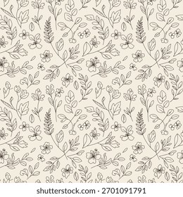 Intrincado padrão botânico sem emenda desenhado em linhas finas escuras em um fundo creme claro. Apresenta flores, folhas e ramos em elegante estilo vintage de esboço à mão.