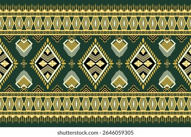 Intricate seamless ethnic pattern with geometric diamond shapes and ornate borders in shades of green, gold, and black, perfect for traditional textile, print, fabric, wallpaper, tileable, background.