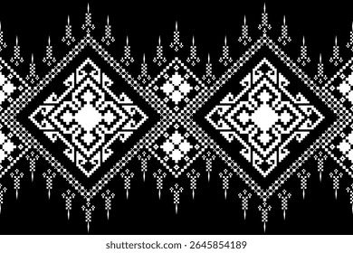 Intricate seamless ethnic pixel pattern ,geometric ,tribal motifs , vibrant golden yellow, white, and silver , gray , midnight blue background. Ideal , traditional ,modern textiles, fashion, digital