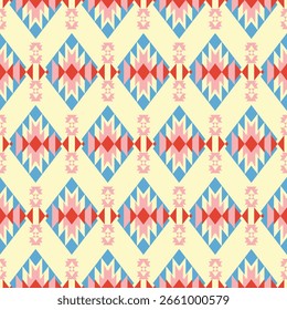 An intricate seamless fabric pattern with red, pink, and light blue tones. Triangle and diamond shapes form a rhythmic geometric flow with a tribal essence.