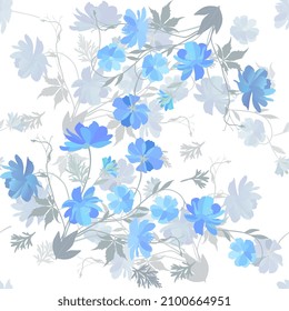 Intricate seamless floral ornament with sprigs of blooming cosmos flowers with blue petals and gray leaves on a white background. Delicate print for fabric, wallpaper, bed linen, clothing.