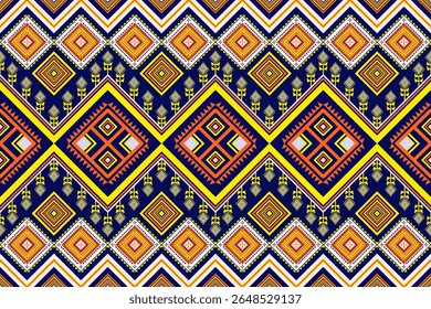 Padrão étnico geométrico perfeito com diamantes coloridos e motivos tribais, apresentando um impressionante fundo azul escuro. Para têxteis, moda, papel de parede, fundo, mosaico, tapete, impressão.