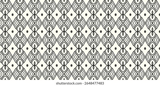Padrão intrincado de linha geométrica sem emenda com influência floral em preto sobre branco. Excelente para fundos, têxteis ou design digital.