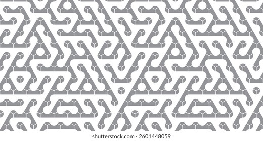 Intricate seamless geometric pattern with interconnected gray and white triangular and circular motifs. Ideal for modern wallpapers, technology-inspired designs, textiles, and digital backgrounds.