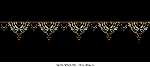 Intricate Seamless Henna Mehndi Ornament Border in Golden Tones on Black Background Elegant Indian-Inspired Vector Decoration for Wedding Invitations, Textile Prints, Spa Branding, Yoga Studios, and