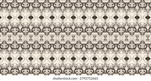 Intricate seamless ornamental pattern combining floral line art, geometric medallions, and vintage decorative motifs.