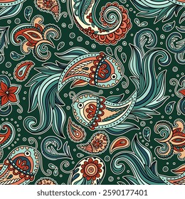 Intricate Seamless Paisley Pattern Featuring Hand-Drawn Koi Fish, Ornamental Swirls, And Floral Elements In A Decorative Style  