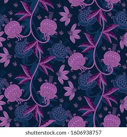 Intricate seamless pattern with blue and violet floral ornament. Beautiful print for fabric and textile. 
