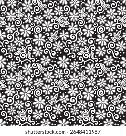 Intricate seamless pattern with decorative white flowers, swirls, and vines on a black background. A detailed, lace-like monochrome illustration inspired by henna art, ideal for elegant designs.