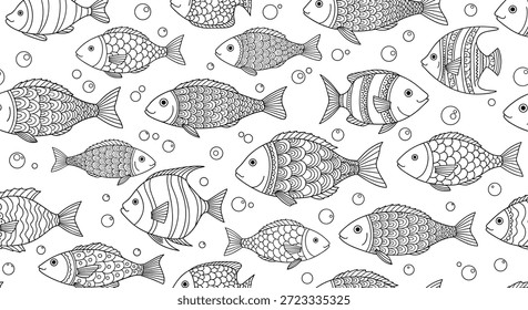 Patrón intrincado sin fisuras de diversos peces con diseños geométricos únicos y burbujas para una compleja textura de coloración bajo el agua.