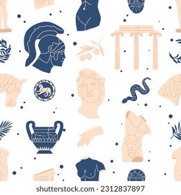 Intricate Seamless Pattern Featuring Greek Antique Statues, Ruins and Vases Showcasing The Elegance