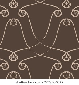 Padrão perfeito sem emenda com filigrana marrom ornamentada e redemoinhos simétricos, ideal para papel de parede vintage, design têxtil e scrapbooking digital sofisticado.