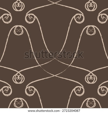 Intricate seamless pattern featuring ornate brown filigree and symmetrical swirls, ideal for vintage wallpaper, textile design, and sophisticated digital scrapbooking.