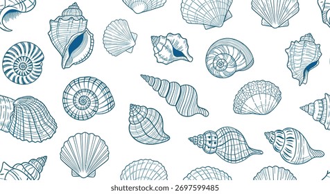 Intrincado padrão sem costura com várias conchas do mar, conchas e formas de náutilo, todos meticulosamente desenhados em detalhada linha azul arte.