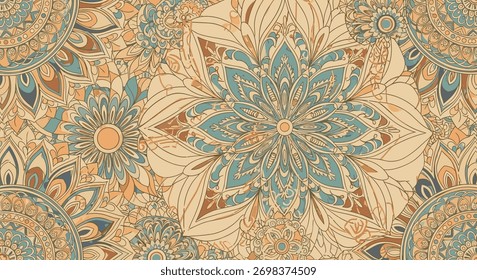 Intrincado padrão sem emenda com várias mandalas e desenhos florais estilizados em uma paleta de cores terrosas e serenas, ideal para fundos decorativos.