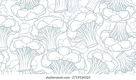 Intricate seamless pattern filled with detailed line art drawings of fresh broccoli florets overlapping each other in a clean minimalist style.