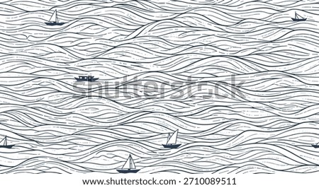 An intricate seamless pattern of hand-drawn ocean waves in a dark blue line art style, with a few small boats scattered around.