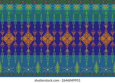 An intricate, seamless pattern inspired by traditional woven textiles or folk art. Features geometric and floral motifs in a rich palette of green, blue, and orange, like a tapestry.