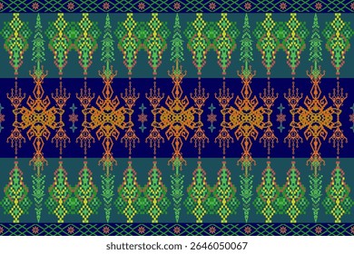 An intricate, seamless pattern inspired by traditional woven textiles or folk art. Features geometric and floral motifs in a rich palette of green, blue, and orange, like a tapestry.