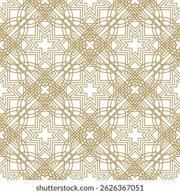 Verwobenes nahtloses Muster mit verflochtenen Sternen und geometrischem Mesh. Vom Islam inspirierte Goldlinien für luxuriöse Hintergründe, Dekoration oder Stoffdesign.
