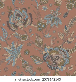 Intricate seamless pattern with ornate floral designs in earthy tones and blue accents, illustrated in an elegant vector style. Ideal for textiles, wallpapers, and luxury packaging.