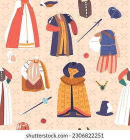 Intricate Seamless Pattern with Renaissance Era Costumes, Featuring Rich Fabrics, Ornate Details And Elegant Silhouettes
