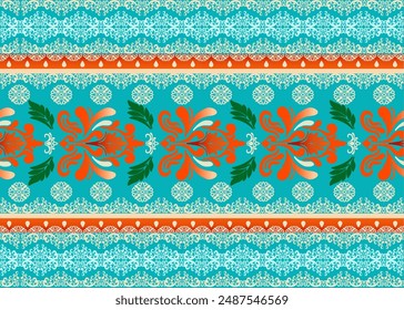 An intricate seamless pattern showcasing elegant damask orange flowers with green leaves on a blue background. Ideal for luxury textiles, sophisticated wallpapers, and decorative designs. 