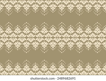 An intricate seamless pattern showcasing elegant damask cream flowers on mole green background. Ideal for luxury textiles, sophisticated wallpapers, and decorative designs.